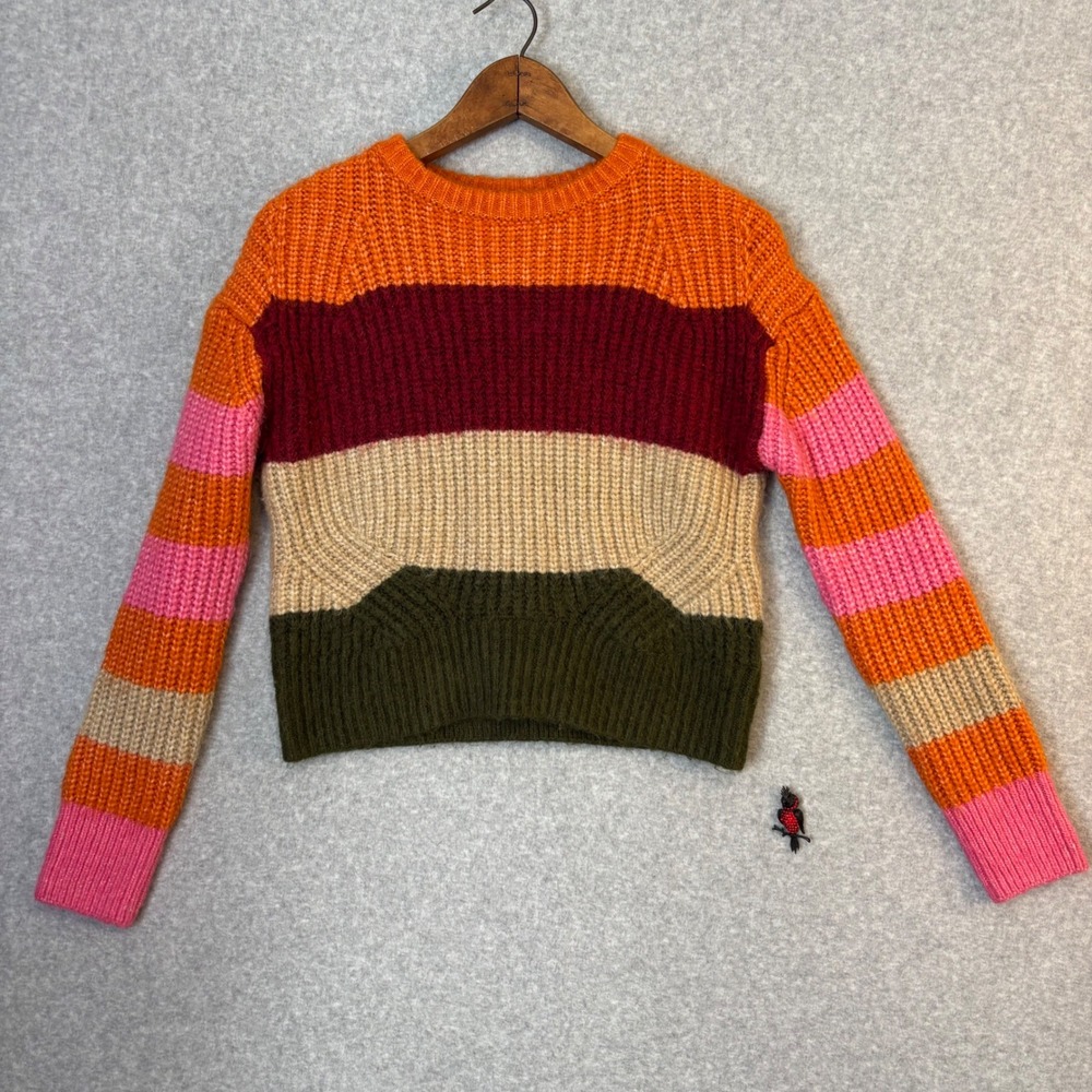 GB Women's XS Knit Sweater Striped Acrylic Wool Blend Orange Burgundy Tan Short